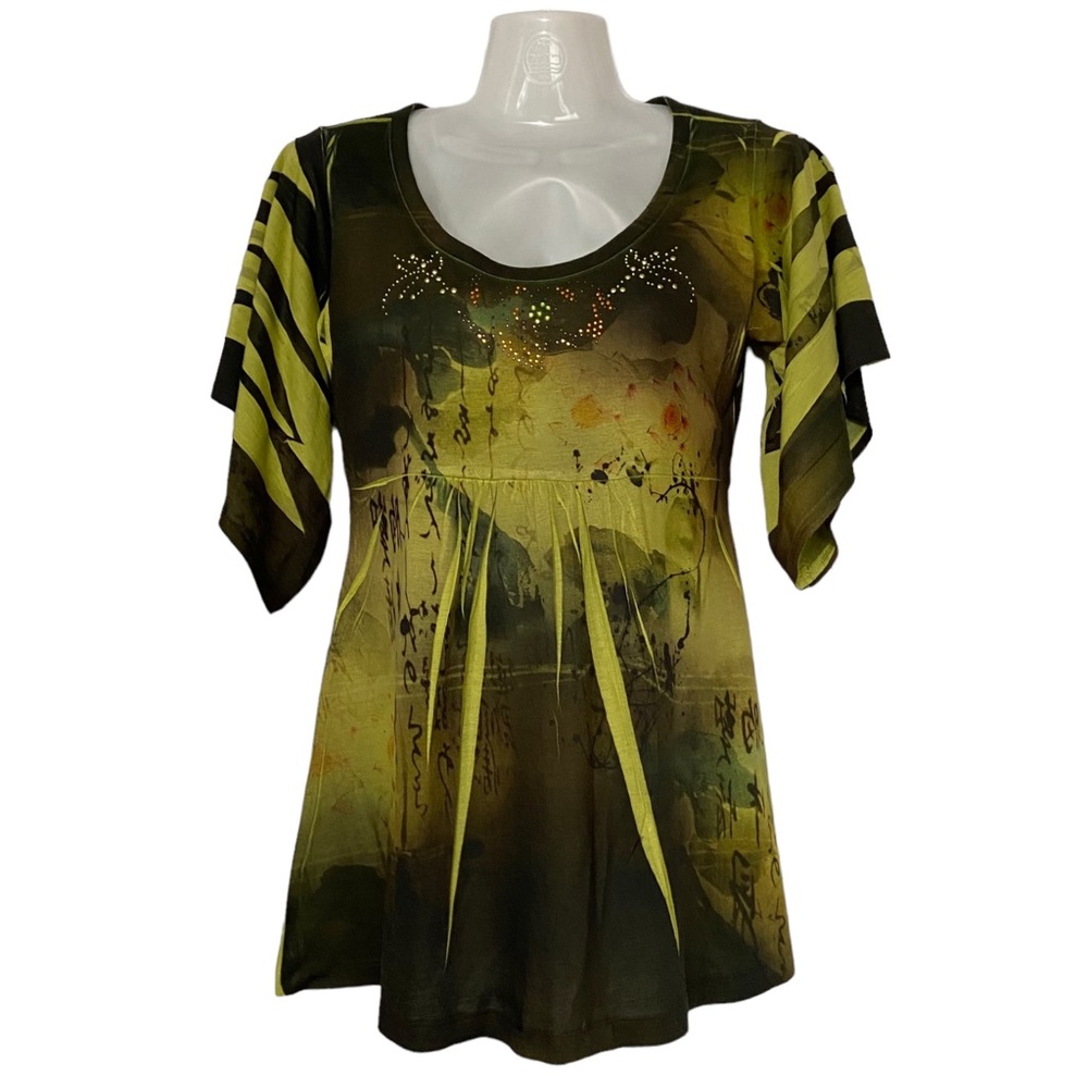 Y2K BLEU Angel Sleeve Embellished Goth Shirt Green